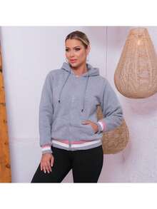 Women's Sweatshirt Simple Casual Party Pocket Zipper Drawstring - 灰色 - 查看 2