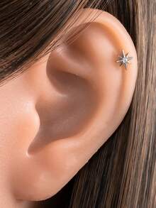 1pc Fashionable & Exquisite Stainless Steel Helix Piercing Earring With Micro Inlaid Rhinestone & Eight-pointed Star Design - Yellow Gold - View 2