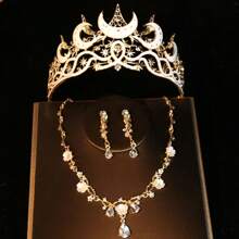Premium 3 PiecesBridal Crown Headpiece Set With Chain, Baroque Style Large Crown, Necklace & Earrings, Shiny Vintage Zinc Alloy