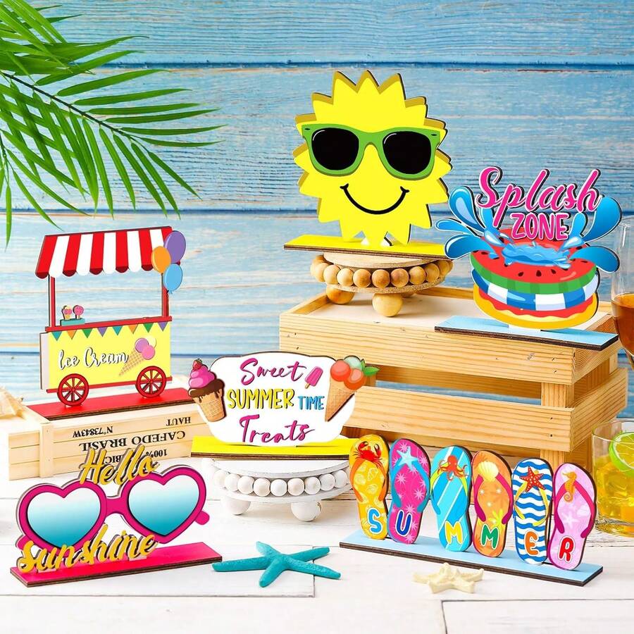1/6 Pcs Summer Wooden Table Decor Hello Summer Wood Signs Sunshine Table Centerpieces Beach Table Decor Farmhouse Tiered Tray For Home Kitchen - Multicolor - View 1