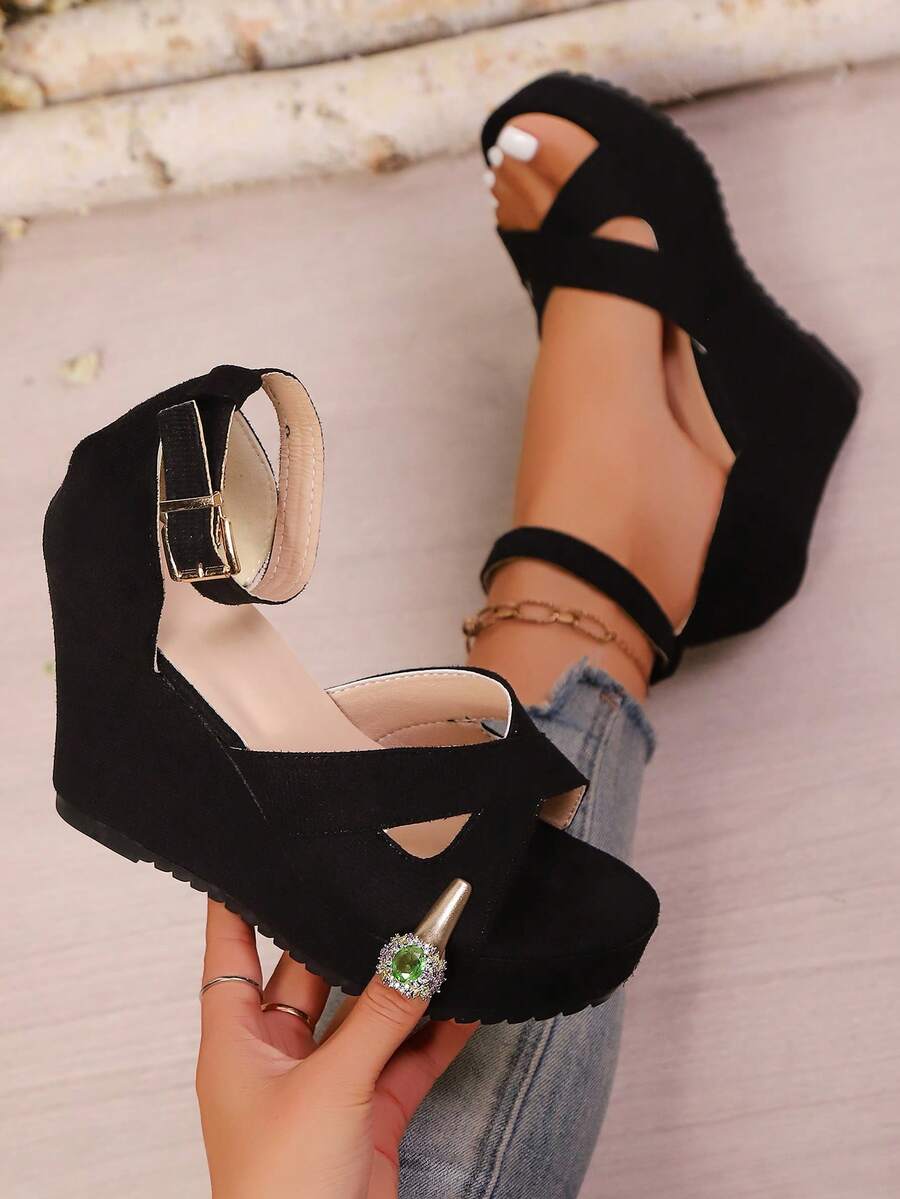 Sandal mùa hè mới, kiểu dáng rộng rãi, cỡ lớn, gợi cảm, đế dày, thời trang với khóa kim loại trang trí, phối dây giả lanh, sandal hở mũi nhẹ, quai thun, giày đi nghỉ mát và biểu diễn, phụ kiện du lịch thiết yếu. - màu đen - Xem 1