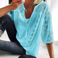 Plus Size Women's 3/4 Sleeve Cotton Lined Tunic Top - Light Gray V-Neck Casual Loose Fit Shirt With Geometric Eyelet Detailing, High-Quality Autumn Tee For Layering Or Standalone Outfits, L-5XL, Relaxed Fit Top | Asymmetrical Design | Machine Washabl - 黃色 - 查看 2