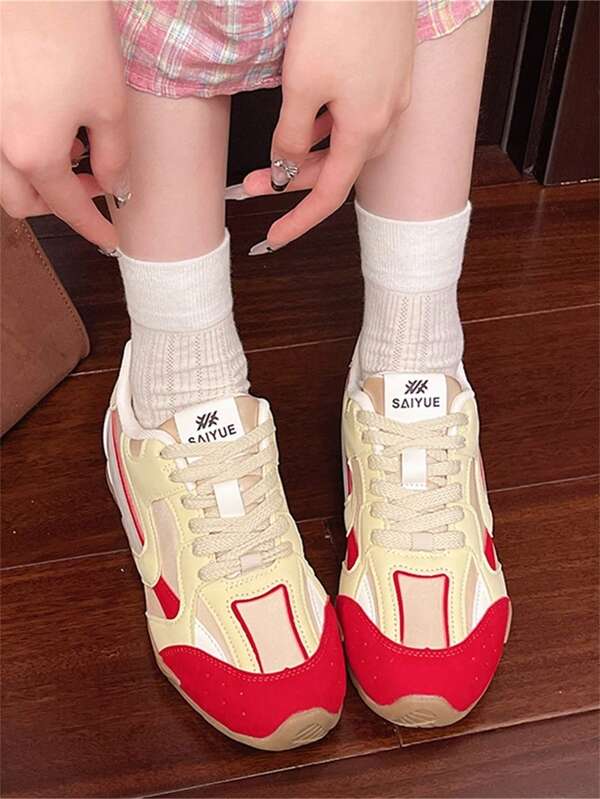 Women's Comfortable Breathable Lace-Up Low-Top Sneakers, Contrast Color Design, Casual Sports Style, Suitable For Daily Casual Wear
