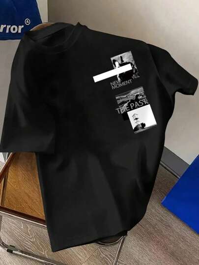 Round Neck Architectural Print Teen Boys Fashionable Summer Short-Sleeved Sports T-Shirt, Comfortable And Versatile, Suitable For Summer And Spring