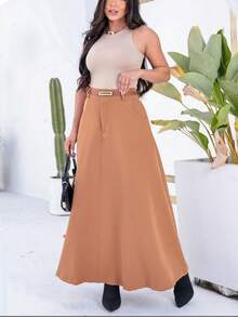 Women's High-Waisted Long Skirt With Pockets On Both Sides - 薑色 - 查看 2