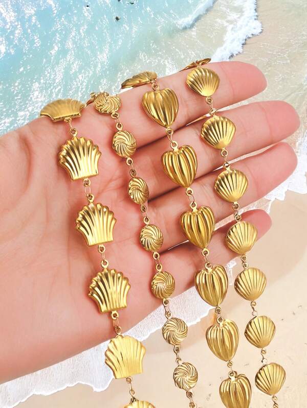 100cm/39.37in Stainless Steel Chains Gold-Plated PVD Drop Shell Cross Pentagram Summer For DIY Necklace Bracelet Jewelry Making Accessories,Four-Leaf Clover,Exaggerated Accessories,Hip Hop,Beach Vacation Party