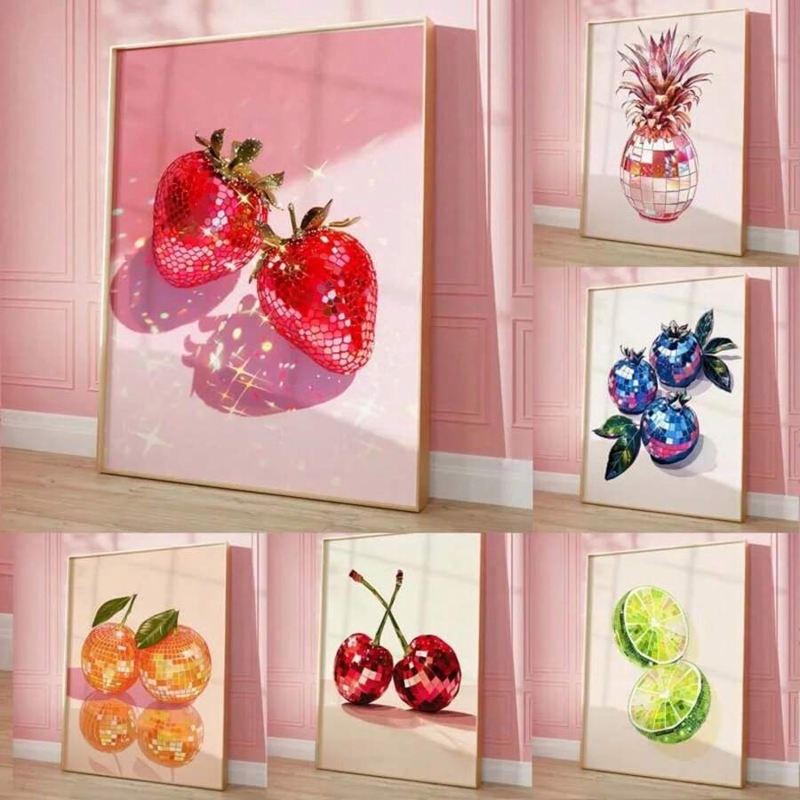 1pc Fashion Pink Disco Lemon Grape Apple Cherry Strawberry Poster Print Fashion Wall Art Picture Decor Paintings In Living Rooms, Bedrooms, Dining Rooms Optional Frames Modern Posters, Wall Arts, Canvas Paintings, And Reusable Frames ,Wall Art With Frame - Multicolor - View 1