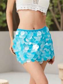 Women Y2k Sequin Short Skirts Low Waist Glitter Skirt Bodycon Sparkly Mini Skirt Night Out Party Clubwear - Màu xanh lam - Xem 10