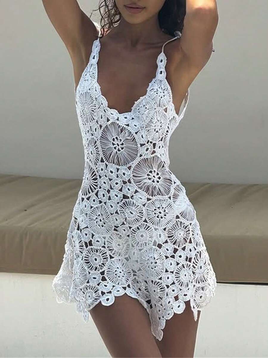 Women's Knitted Camisole Cover Sleeveless Backless Transparent Floral Lace Short Skirt Summer Bikini Cover - trắng - Xem 1