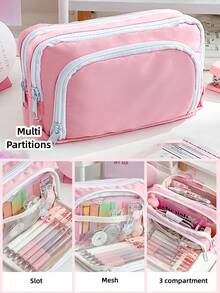 1 件双层彩色铅笔盒铅笔盒，清新粉色前开口袋多槽网状收纳袋，用于文具学生奖励返校、返校、学校用品、铅笔袋、书包
