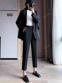Solid Color Tapered Suit Pants, Elegant Split Hem Cropped Pants For Work & Office, Women Clothing