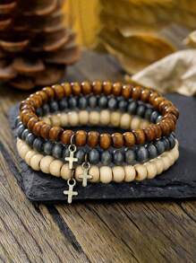 3pcs Men Retro Punk Style Coconut Slice, Cross Pendant Mixed Layers Bracelet Set, Versatile Fashion