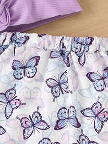 2pcs/Set Girls Summer Minimalist Solid Color Rib Twist Sleeveless Top + Butterfly Print Mini Skirt - Purple - View 6