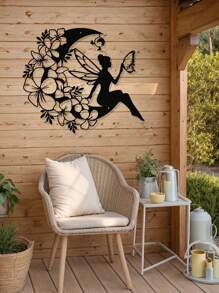 1pc Fairy And Moon Metal Wall Art, Iron Moon And Fairy Silhouette Design, Bohemian Decor Style, Indoor/Outdoor Wall Decor, Suitable For Home Decor, Bedroom Decor, Room Decor, Garden Decor, Living Room, Balcony, Birthday, Graduation, Housewarming, Halloween, Thanksgiving, Christmas, Ideal Gift For Family And Friends