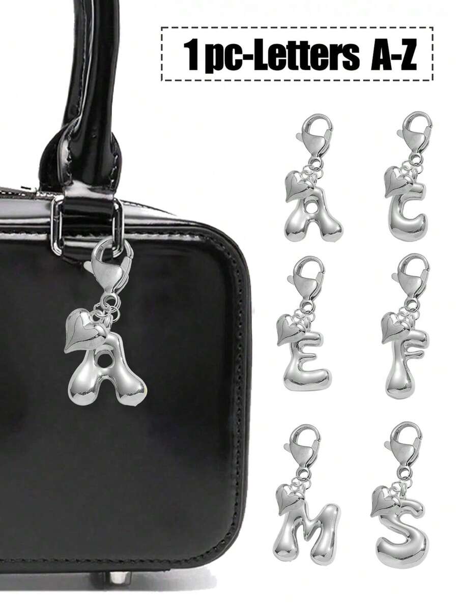 1pc Silver Bubble Letter Cute Necklace Pendant, Bag Charm - Includes Shiny Crystal Pendant & Gold Heart Pendant, Letters A-Z, Alloy Bag/Backpack Hanging Decoration - Perfect Gift For Birthday & Special Occasions, Keychain, Wallet & Purse Accessory For Women & Girls. Birthday, Valentine's Day, Mother's Day Gift. - Silver - View 1