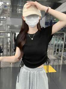女士纯色收腰褶皱日常夏季短袖针织上衣 黑色 - 黑色 - 查看 1