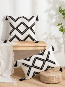 1 件/2 件菱形网格黑白条纹图案抱枕套，波西米亚帆布簇绒流苏靠垫套，北欧风格，适用于卧室、客厅、沙发、花园、汽车，四季皆宜，无枕芯，30*50 厘米，45*45 厘米