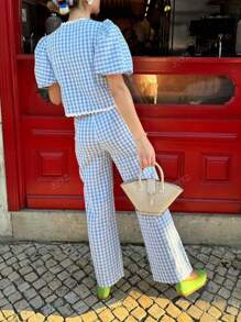 Women Casual Lightweight Blue & White Checkered Plaid Cardigan Puffled Sleeves And Crop Top With Long Pants 2 Pieces Set Loose Fit For Spring Summer Chill Holiday Outings