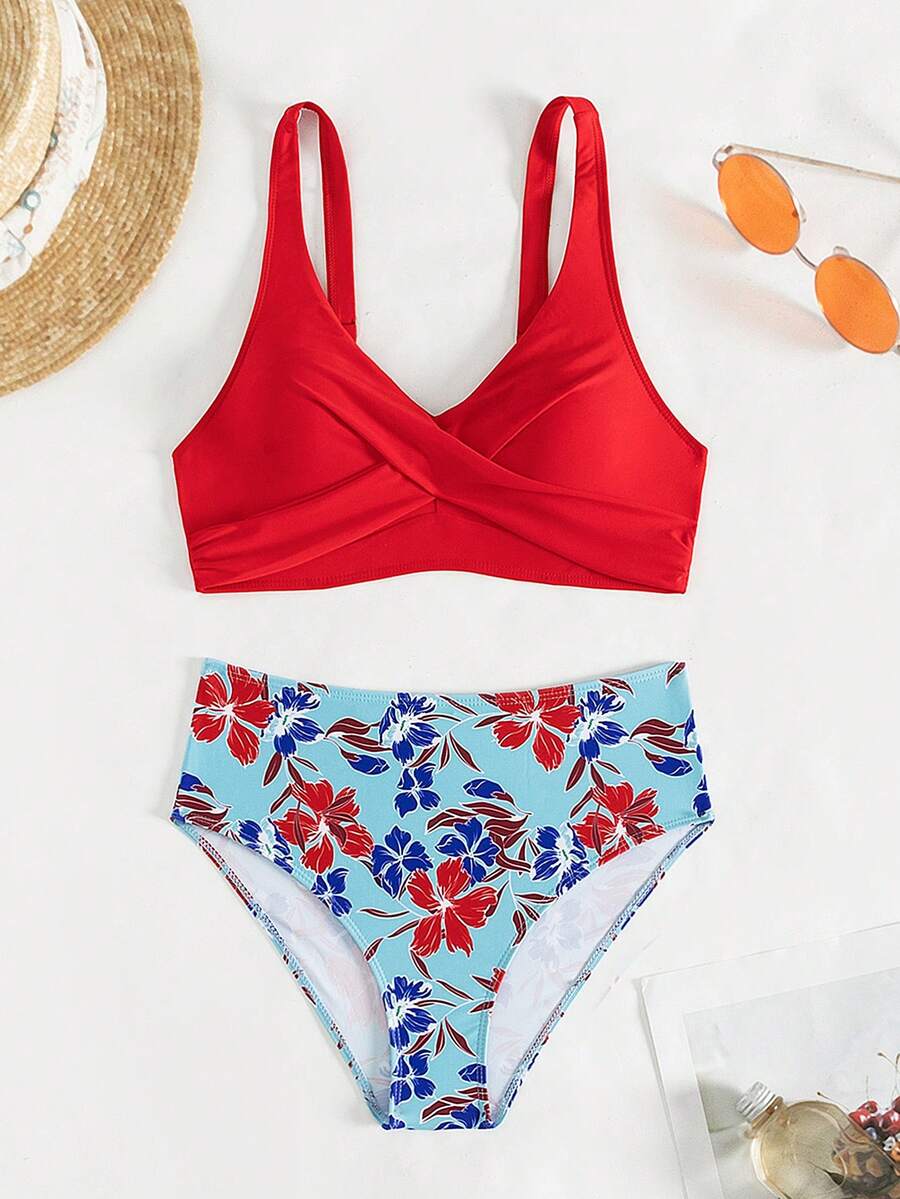 2pcs Women Sexy Criss-Cross V-Neck One Piece Swimsuit & High Waisted Solid Color Bikini Set