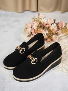 Women's Casual Platform Slip-On Loafers With Metal Buckle Decoration, Suitable For All Seasons, Comfortable Thick Sole Wedge Heel Increase Height Polyurethane Lightweight Flats - Black - View 5