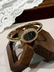 1pc Elegant Minimalist Quartz Watch, Rhinestone Encrusted, Oval Dial, Button Design, Luxury Bracelet Style Band, Ideal Gift For Girlfriend, Mom, Daughter, Birthday, Valentine's Day - one-size - View 8