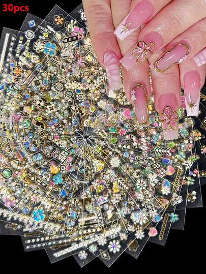 30片按压式指甲胶带背胶自粘指甲贴纸蓝色仿钻美甲宝石适用于女士派对日常场合美甲用品DIY美甲