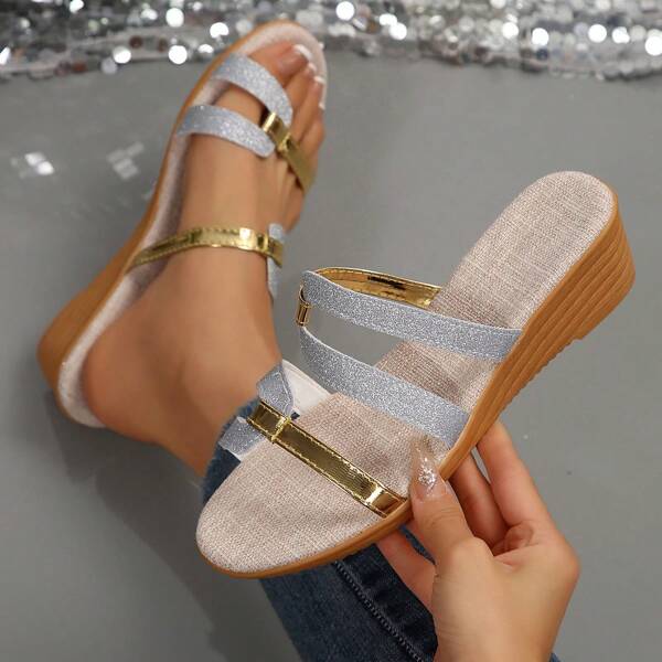Sandalias informales tipo chanclas con cuña bohemias y de talla grande para mujeres, nueva moda europea y americana 2025 de color block con suela gruesa, tipo romanas
