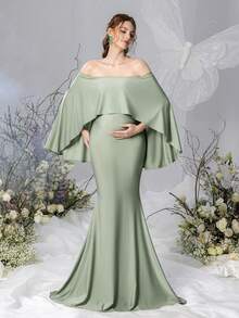 Faeriesty Dressalisa 優雅露肩美人魚孕婦禮服 - 奢華彈性面料，適合正式場合、攝影、晚禮服、慈善活動、肖像照 - 綠色 - 查看 4