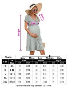Yesfashion Women's Maternity Short Sleeve Ruffle Dress V Neck Summer Casual Smocked Flowy Midi Dress For Baby Shower Photoshoot - 綠底棕色小花 - 查看 5