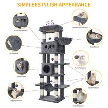 Cat Tree, 67" Large Tall Cat Tower For Indoor Cats, Multi-Level Cats House With Condo, 8 Scratching Posts, Hammock, 4 Pom Poms, Dark Grey - Màu xám đen - Xem 3