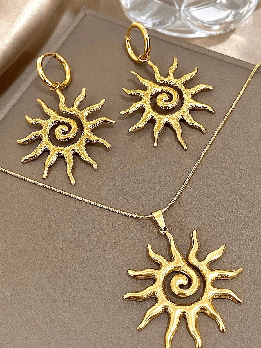 2 piezas/1 set Collar con colgante de tótem solar y aretes chapados en oro de 18K, de acero inoxidable vintage, adecuado para mujeres y niñas, regalo para la madre, Navidad, Acción de Gracias, Halloween, boda, fiesta de baile/reunión, diario/playa, accesorios, aniversario, San Valentín, joyería bohemia, cumpleaños, regalo para dama de honor