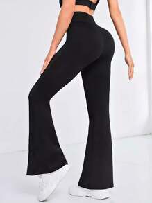 Pantalones acampanados de cintura alta negros para mujer, Pantalones de mujer negros tejidos ajustados y acampanados, de moda y versátiles