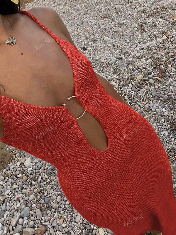 Knit Mix Rochie elegantă decoltată, mulată, tricotată, Maxi, pentru plajă, acoperitoare, culoare solidă, sexy și chic, primăvară-vară, rochie de plajă, vacanță, ținute de femeie, rochie de toamnă și de vară, haine de toamnă pentru femei
