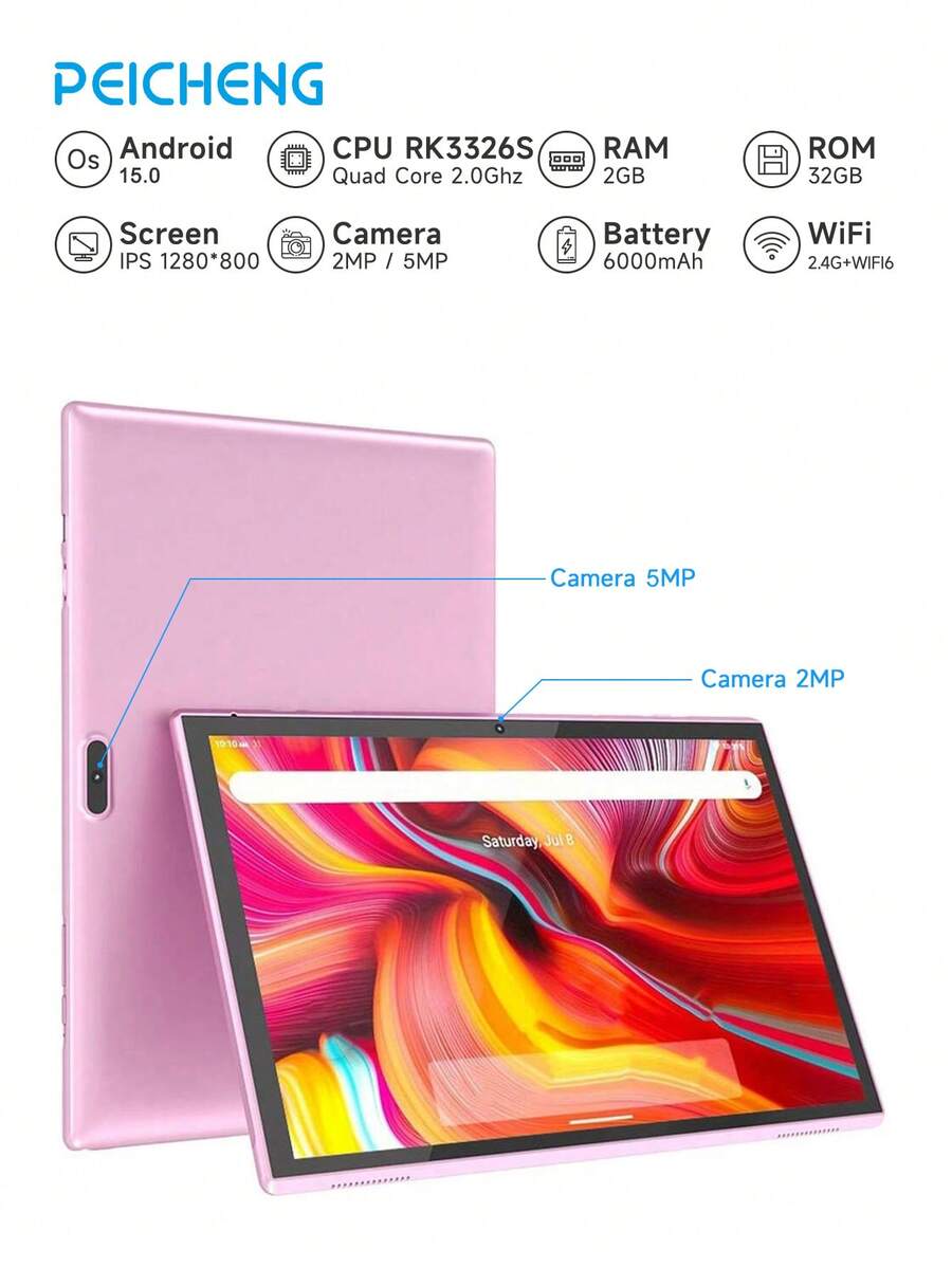 Coopers ZB10 10.1 英寸 Android 15 平板电脑，RK3326S 四核 1.6Ghz/2GB RAM 32GB ROM/2.4G WiFi+WiFi 6/蓝牙 5.2/FHD IPS 触摸屏/2MP+5MP 双摄像头/Type-C/G-Sensor/6000mAh/支持 1TB SD 扩展（无适配器） - 粉色 - 查看 1
