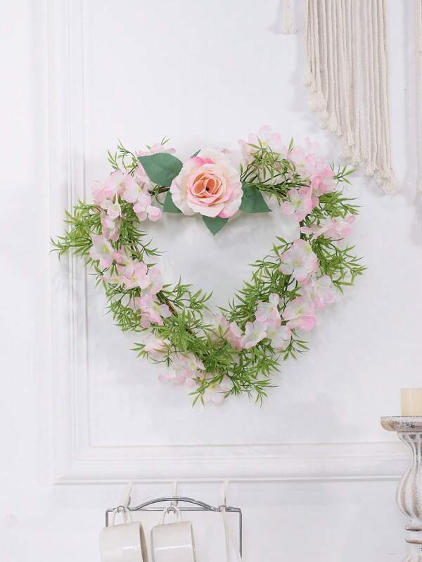 1pc Imitation Sakura & Rose Heart-Shaped Wreath - Home Front Door, Valentine's Day, Wedding, Festival Spring Decor, Room Floral Wreath Decoration