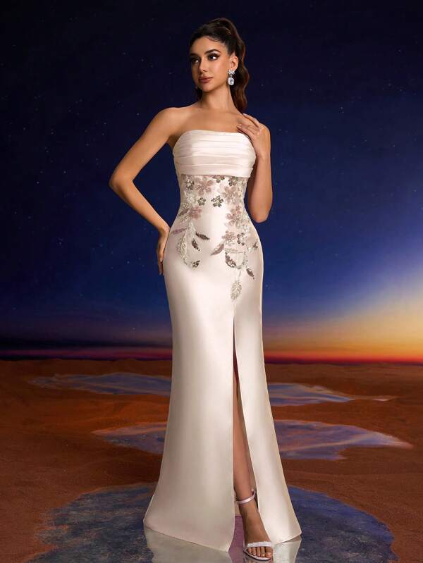 Vestido Longo de Baile de Mulher Anymoon com Lantejoulas, Renda Floral Embelezada, Franzido, Mangas Bufantes Removíveis, Vestido Formal, de Festa, de Gala, para Convidados de Casamento