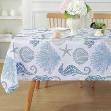 1pc Blue Ocean Beach Theme Rectangular Tablecloth, Decorated With Seashells, Coral, Seahorse & Starfish, Seasonal Ocean Table Cover For Spring/Summer Marine Themed Picnic Party, Indoor/Outdoor Decor