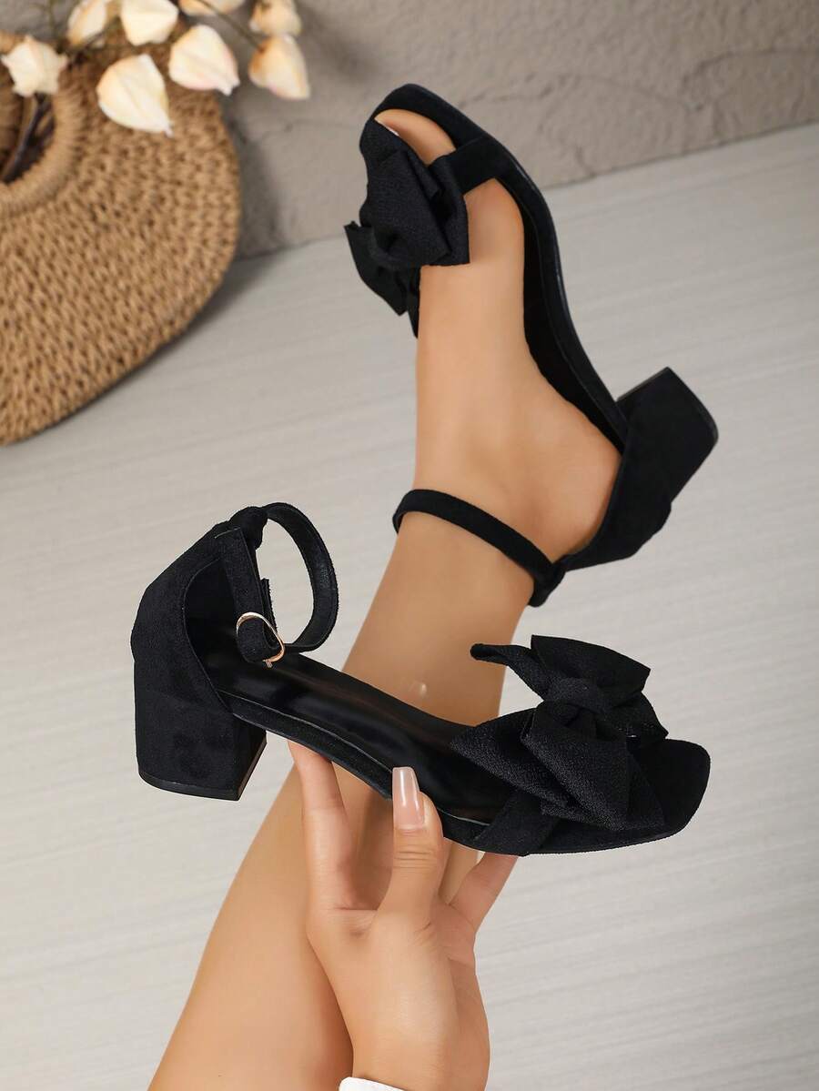 Women's Bow Decor Thick Heel Black Sandals, Chunky Heels, Suede Square Toe High Heels With Lace-Up, Suitable For Wedding Party