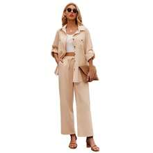 Women 2 Piece Linen Sets Button Down Shirt And Drawstring Long Pants Set Summer Outfits - Black - View 2