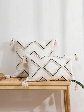1pc/2pcs Rhombus Grid Black & White Striped Pattern Throw Pillow Cover, Boho Canvas Tufted Tassel Decor Cushion Case, Nordic Style For Bedroom, Living Room, Sofa, Garden, Car, 12x20inch, 18x18inch, Pillow Insert Not Included