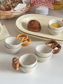 不对称形状陶瓷面包设计香料盘，有趣的手工面包形碗，创意陶瓷碗，法棍咖啡配件，带小勺的面包糖罐，学校用品 - 彩色 - 查看 3