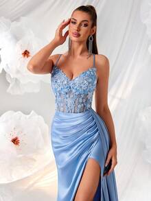 Elisanya Đầm dạ hội dự tiệc cổ chữ V thêu khoét sâu eo cao dài thướt tha buộc lưng hở cho nữ, trang trọng, dành cho khách dự tiệc cưới - Màu xanh nhạt - Xem 8
