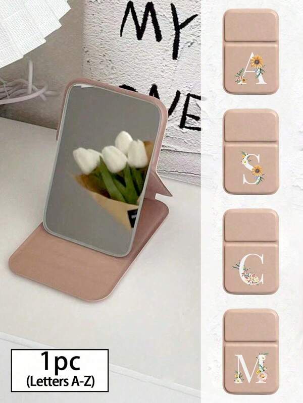 1pc Mini Piece Of Pink With White Letters, Sunflower Flowersfoldable Portable Makeup Mirror,Letters Of A-Z Makeup Mirror With Bracket, Travel Mirror, Beauty Products, Desktop Makeup Mirror, Rectangular Desktop Compact Mirror Foldable Small Minimalist Makeup Mirror, Travel Portable Makeup Mirror For Women's Gift - The Best Gift For Mom And Teacher