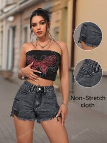 Shorts Denim Desfiados Desgastados de Cintura Alta Lavados da Moda