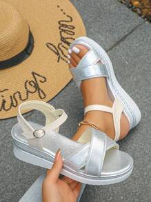Women's Wedge Heel Thick Sole Sandals, Colorblock Bohemian Strap Design, Lightweight & Comfortable