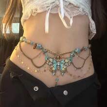 1 Pc Butterfly Beaded Necklace Waist Chain Retro Sweet And Cool Niche Style Waist Chain - 淺藍色 - 查看 6