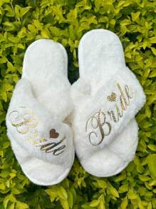 New Gold Bride Cross Toed Plush Slippers For Singles Parties, Wedding Supplies, Bridesmaid Slippers.