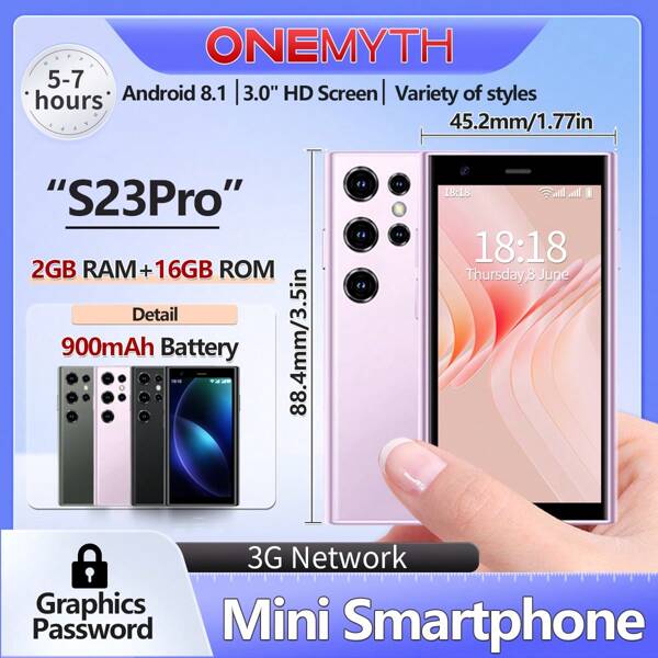 2025 Neuankömmling SOYES ONEMYTH S23 Pro Mini Smartphone 3.0" HD Bildschirm Android 8.1 Reines System 2GB RAM 16GB ROM 3G Netzwerk und Face ID Dual SIM Standby Mit Kleines Smartphone Kleines Smartphone Gutes Geschenk für Mädchen