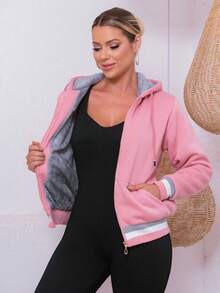 Women's Sweatshirt Simple Casual Party Pocket Zipper Drawstring - Watermelon Pink - View 4