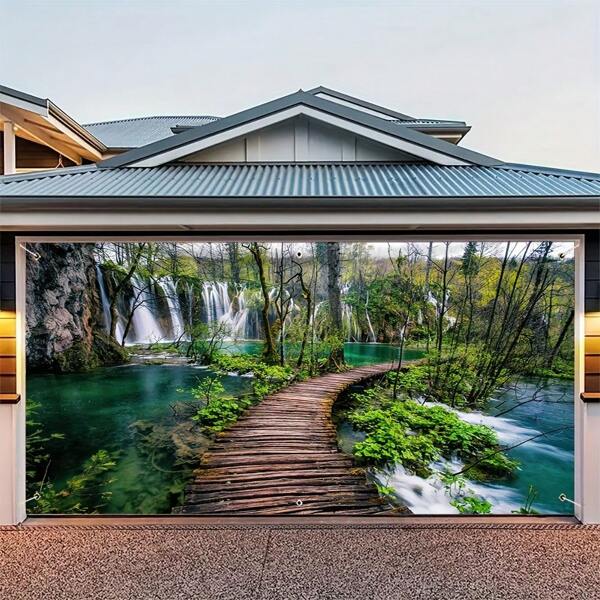 2D Autumn Waterfall Forest Scene Garage Door Banner - No Electricity Holiday Decoration, Large Door Mural Covering, Autumn Theme Party Background, Yard Celebration Layout, No Battery Holiday Party Decor